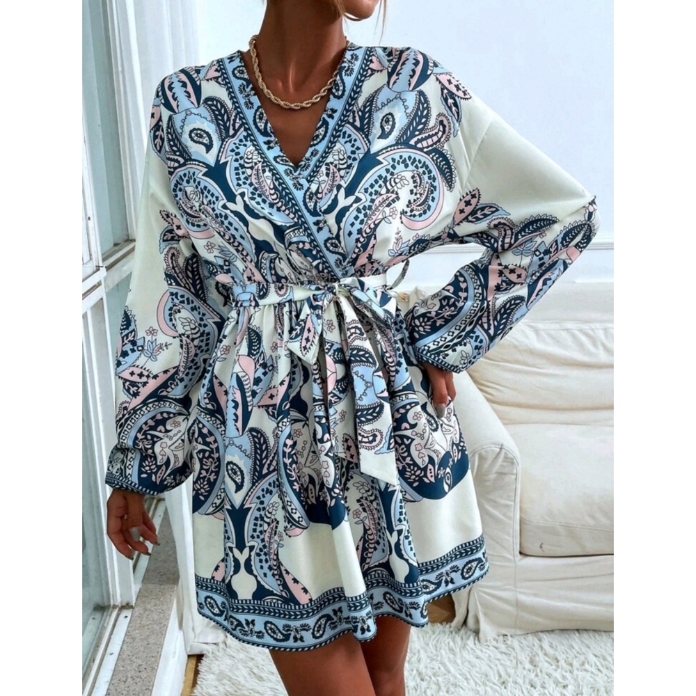 Boho Paisley Print Belted Bishop Sleeves Dress - Picture 5 of 7